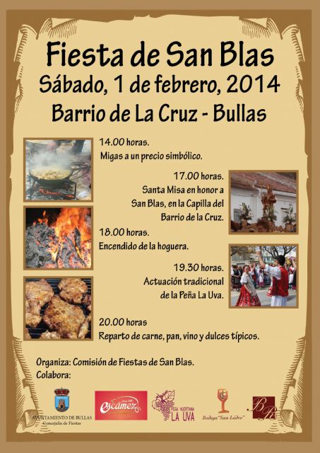 El Barrio de La Cruz de Bullas celebrará la tradicional festividad de San Blas con una gran jornada de convivencia