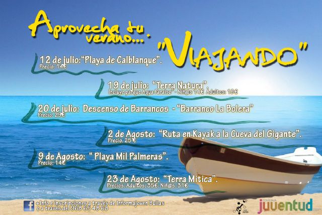 La Concejalía de Juventud oferta para el verano viajes a la playa y a parques de atracciones, rutas en kayak y descenso de barrancos