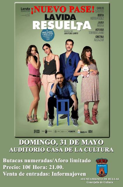 La obra de teatro 'La vida resuelta' estará en Bullas por partida doble el próximo 31 de mayo