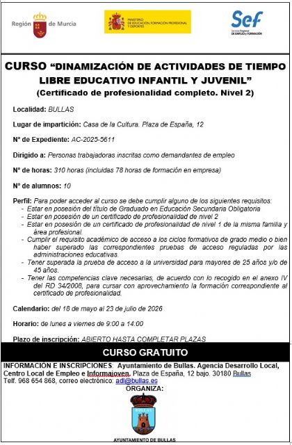 Curso de Dinamización de Actividades de Tiempo Libre Educativo Infantil y Juvenil en Bullas