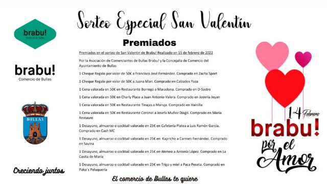 El sorteo del comercio por San Valentín reparte cheques regalos, cenas, comidas y meriendas entre los vecinos de Bullas