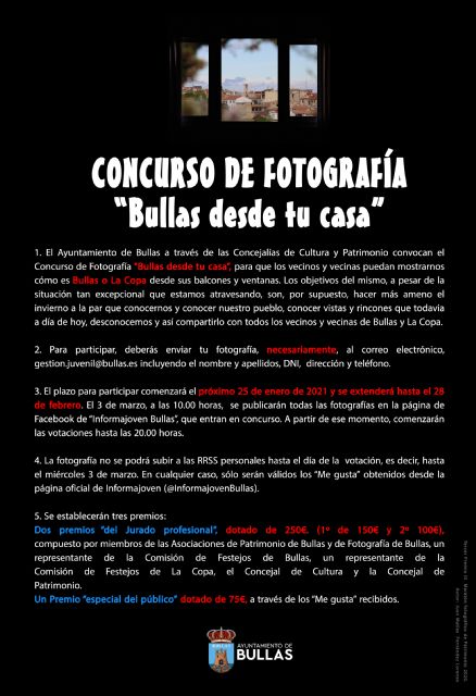 Las Concejalías de Cultura y Patrimonio convocan el Concurso de Fotografía 'Bullas desde tu casa'