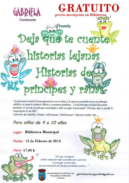 El próximo jueves 13 de febrero se celebra un cuentacuentos gratuito con historias de príncipes y ranas para los niños y niñas de Bullas de 4 a 10 años
