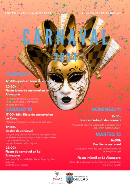 El Ayuntamiento de Bullas, a través de la Concejalía de Festejos y Juventud, ha programado diferentes actividades para el Carnaval 2024 que se celebra en el municipio del 9 al 13 de febrero